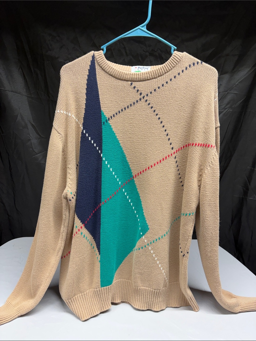 Neutral Beige Geometric Crewneck Sweater with Teal & Navy Accents